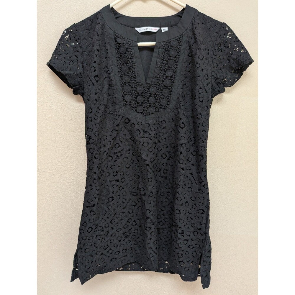 Isaac Mizrahi Live Black Lace Tunic Top Womens XXS Short Sleeve Lined Boho